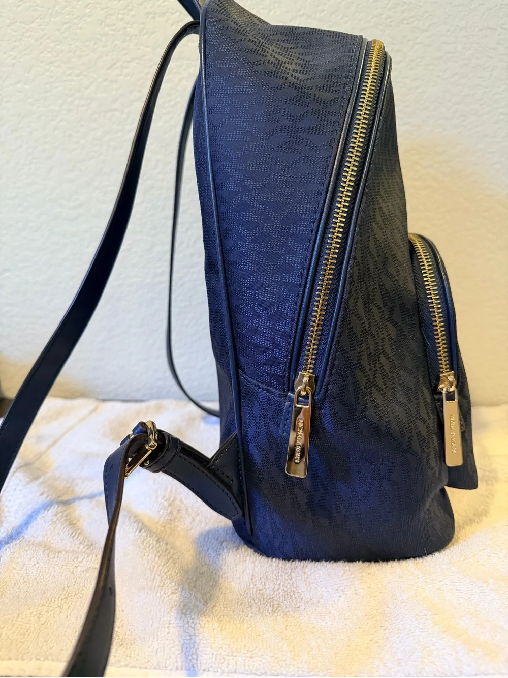 Michael Kors Navy Logo-Print Backpack with Gold Hardware